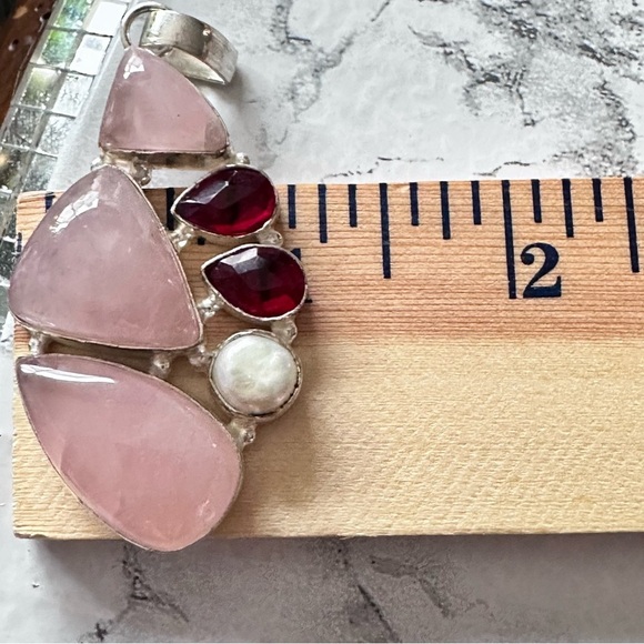 Elegant Pink Quartz Pendant Triple Stone With Red Crystal And Pearl Accents - Picture 6 of 7